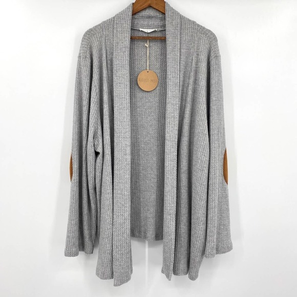 August Mist Sweaters - August Mist Waffle Knit Elbow Patch Cardigan Gray Open Front Super Soft Size 3X